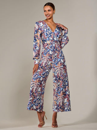 Jersey Wrap Front Long Sleeve Jumpsuit, Abstract Multi