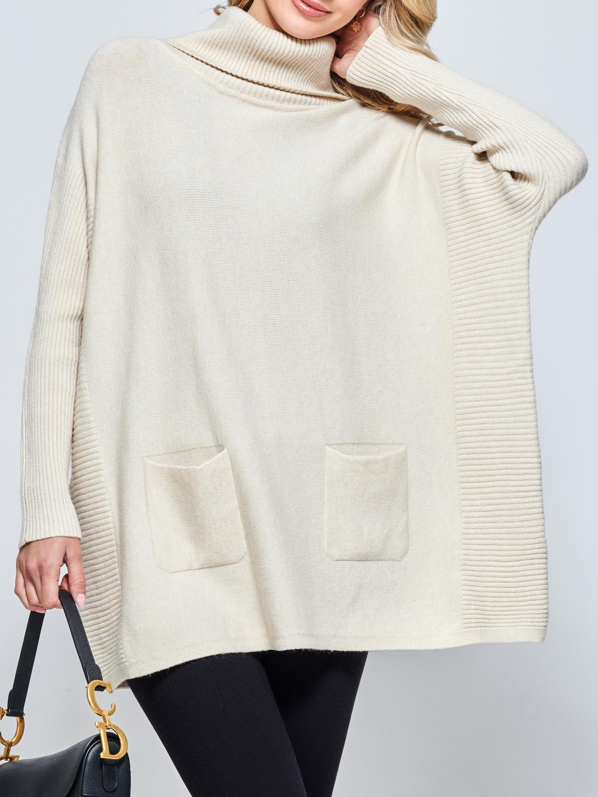 Roll Neck Pocket Front Knit Jumper, Beige Heather