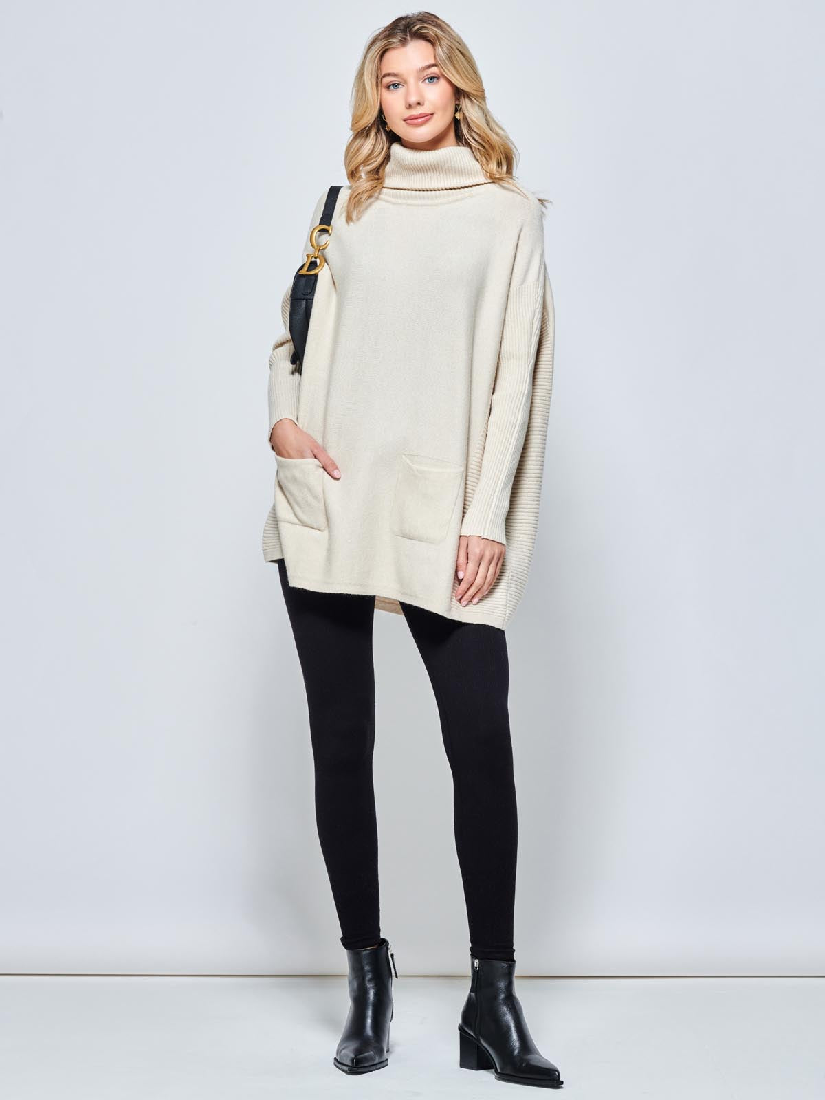Roll Neck Pocket Front Knit Jumper, Beige Heather