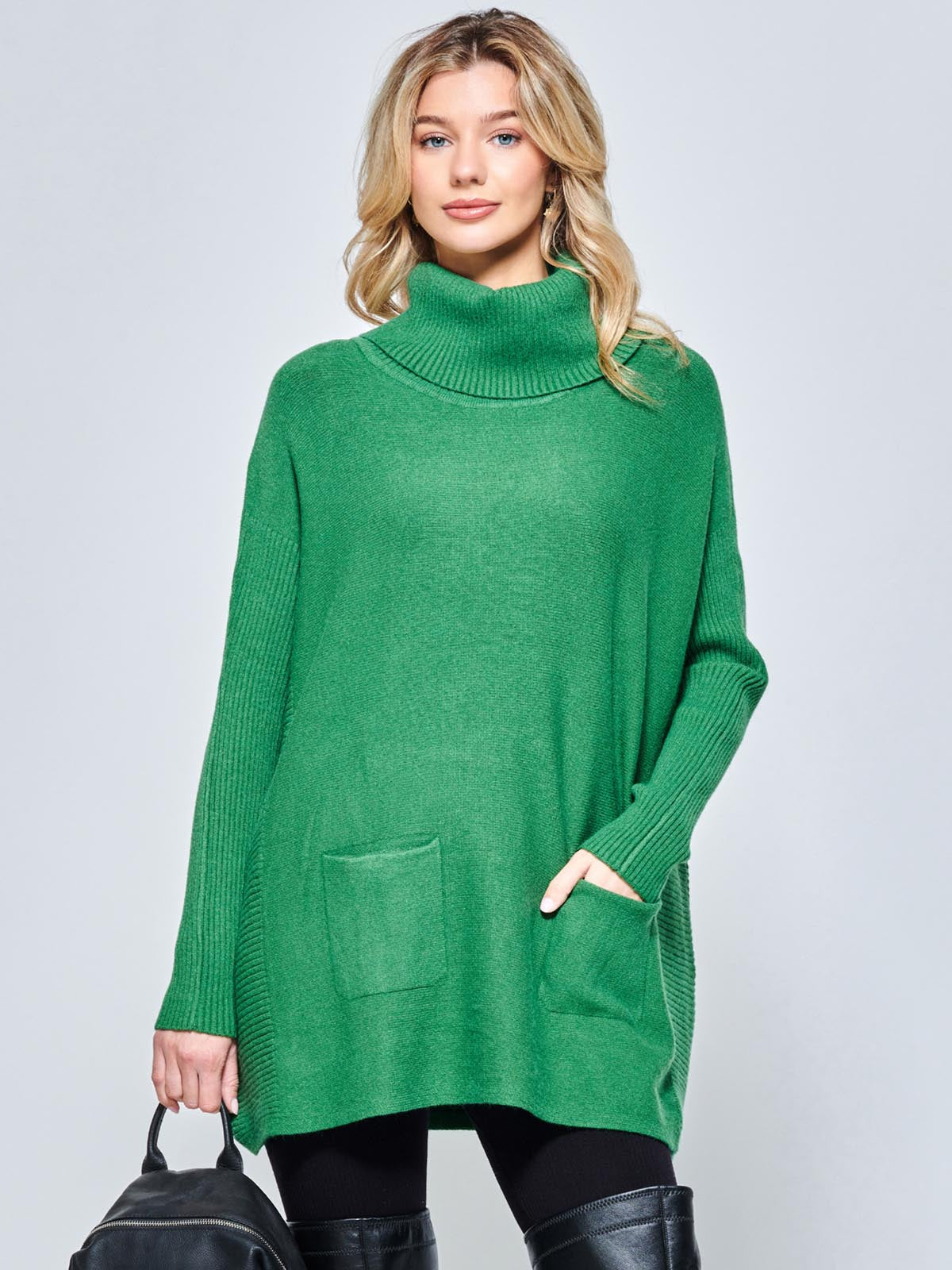 Roll Neck Pocket Front Knit Jumper, Green