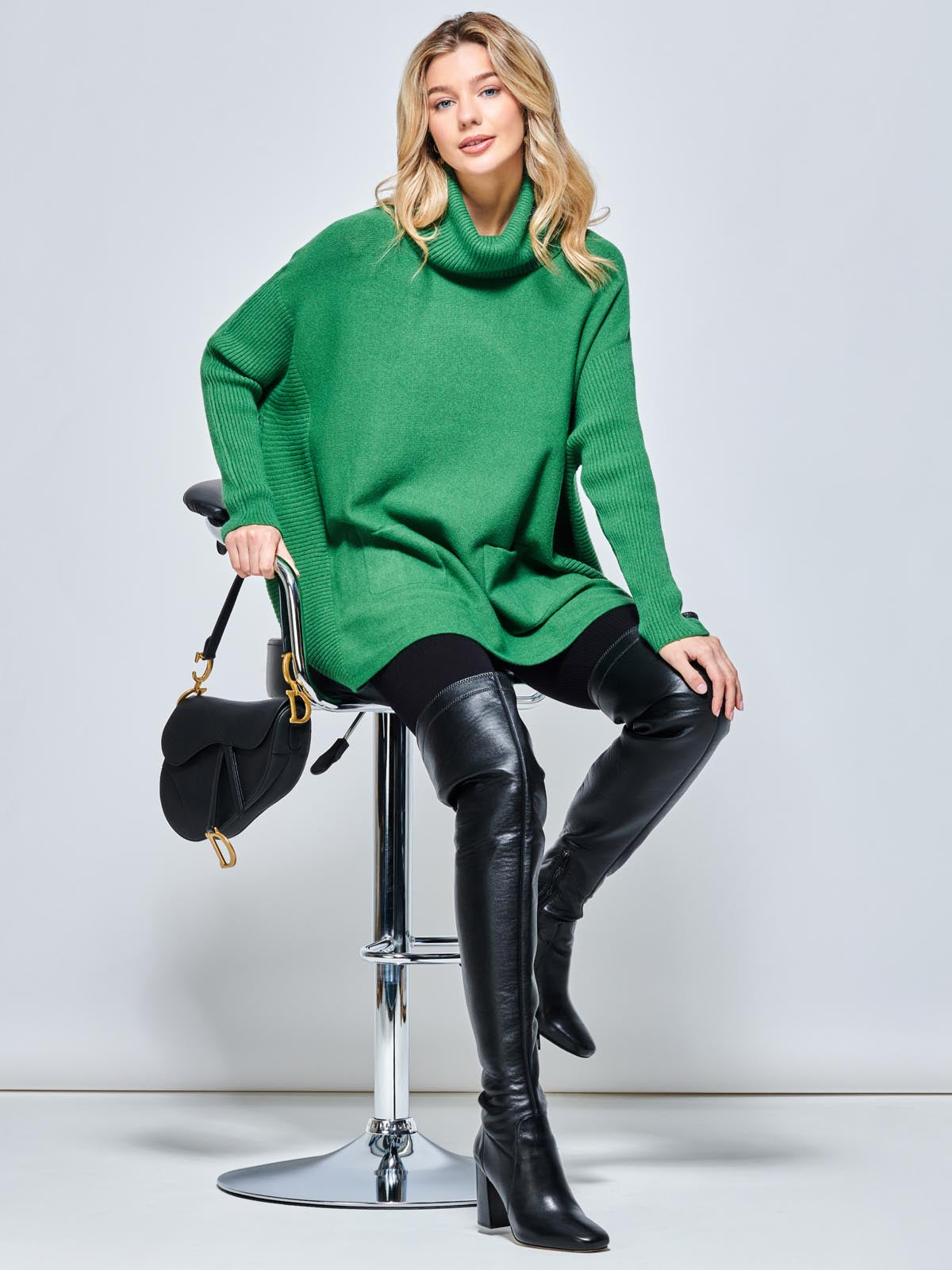 Roll Neck Pocket Front Knit Jumper, Green