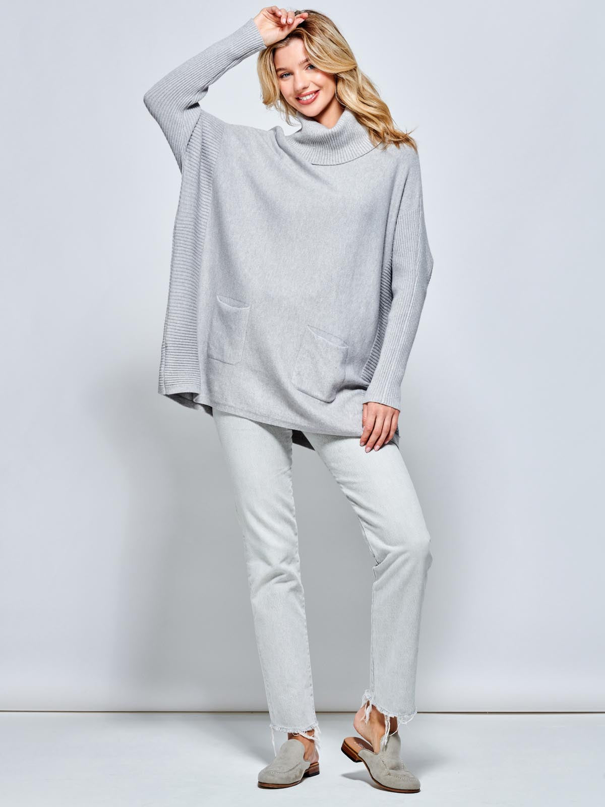 Roll Neck Pocket Front Knit Jumper, Grey Heather