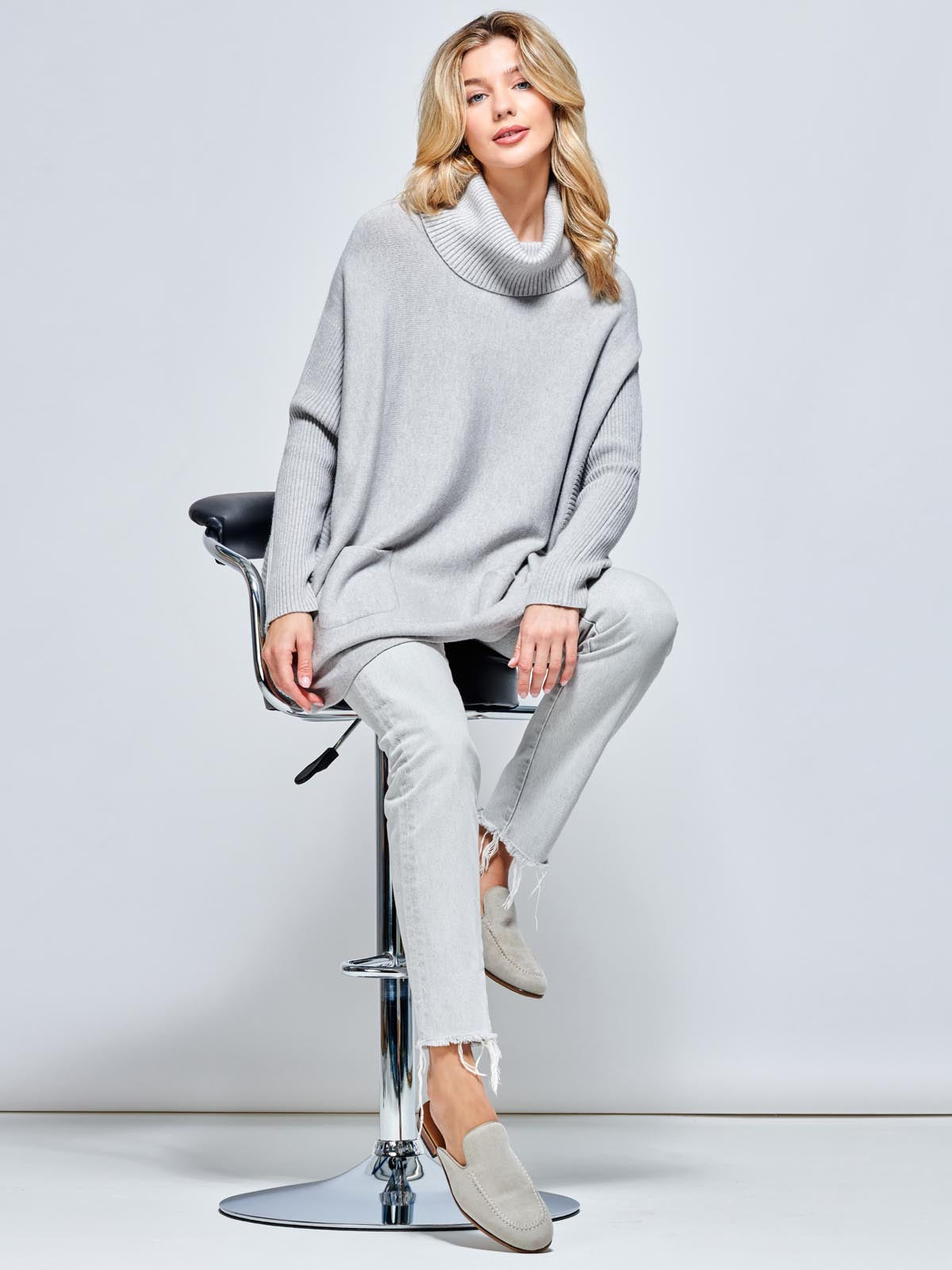 Roll Neck Pocket Front Knit Jumper, Grey Heather