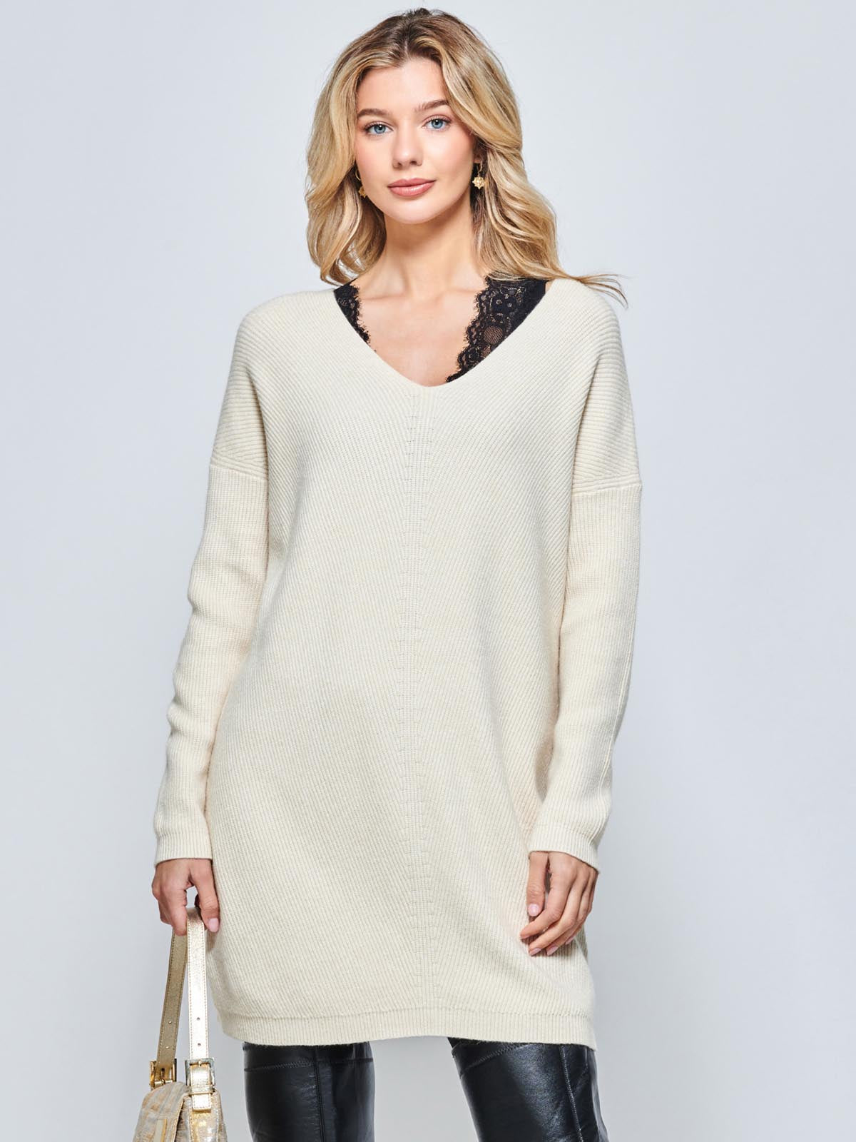 V-Neck Ribbed Knit Tunic Jumper, Beige Heather