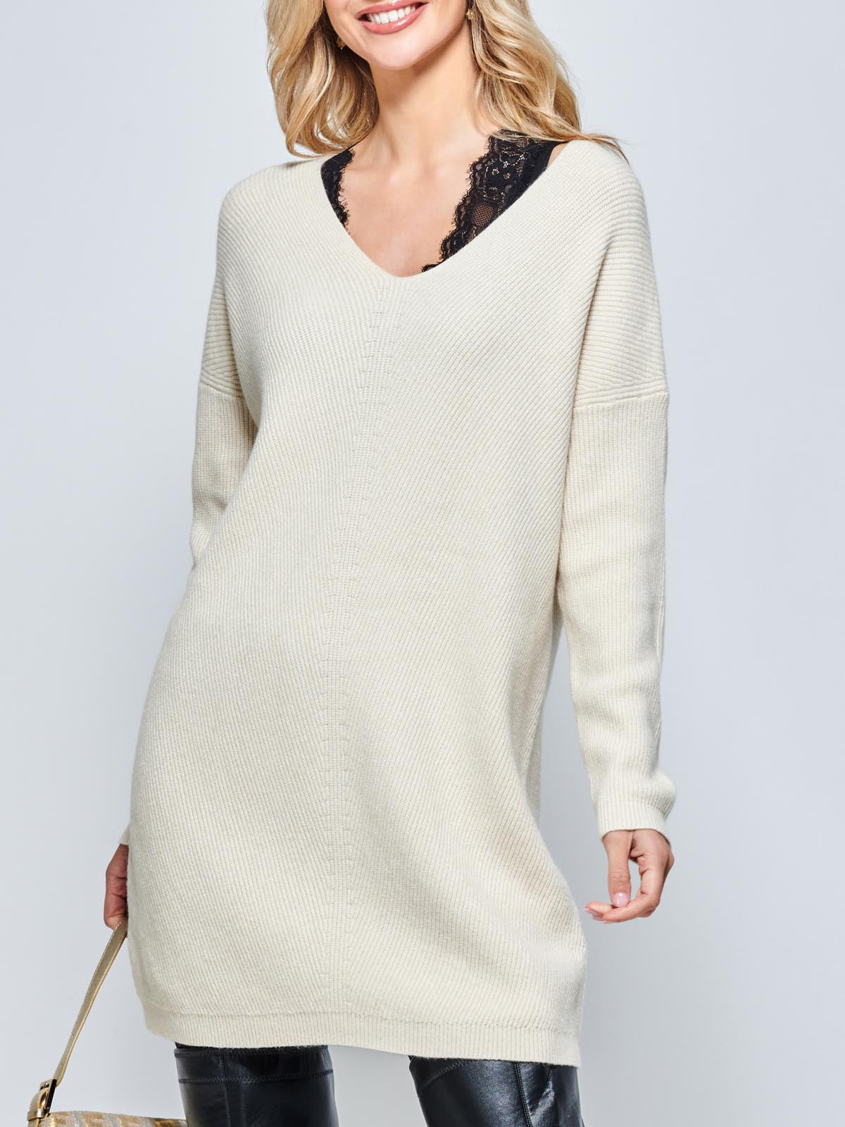 V-Neck Ribbed Knit Tunic Jumper, Beige Heather