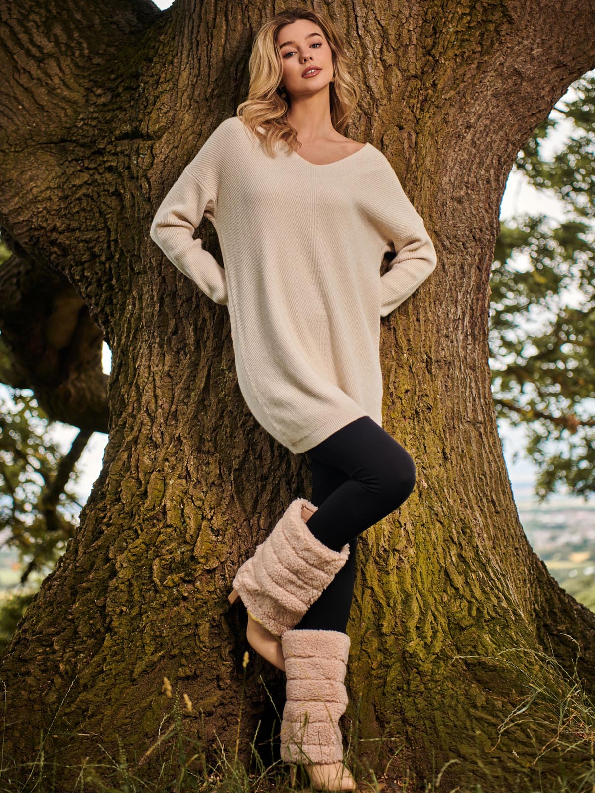 V-Neck Ribbed Knit Tunic Jumper, Beige Heather