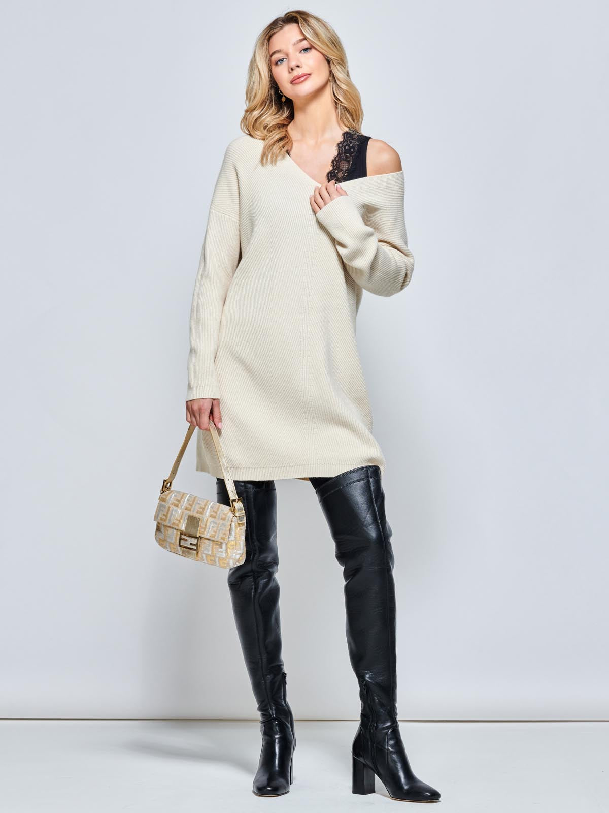 V-Neck Ribbed Knit Tunic Jumper, Beige Heather