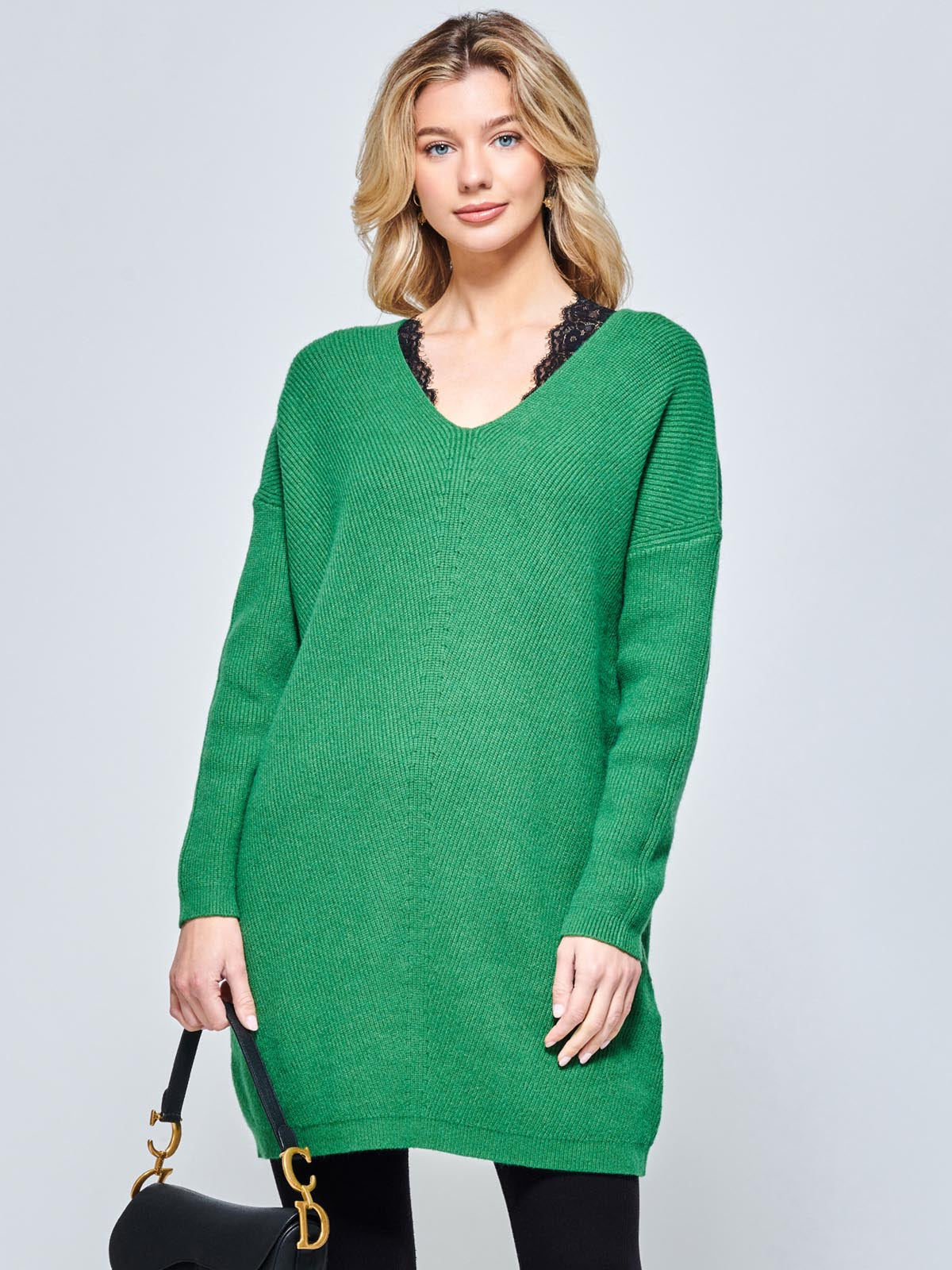 V-Neck Ribbed Knit Tunic Jumper, Green