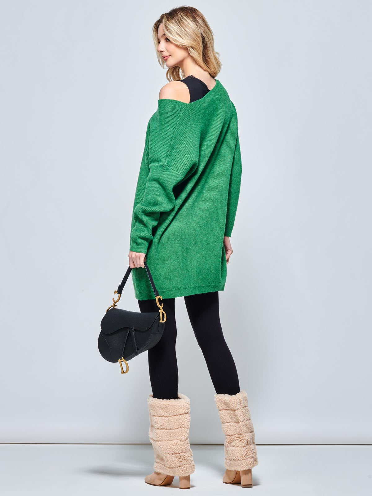 V-Neck Ribbed Knit Tunic Jumper, Green