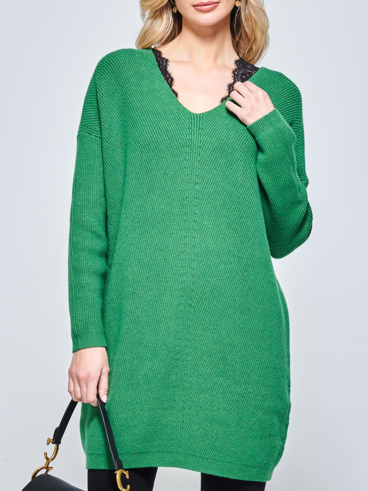 V-Neck Ribbed Knit Tunic Jumper, Green