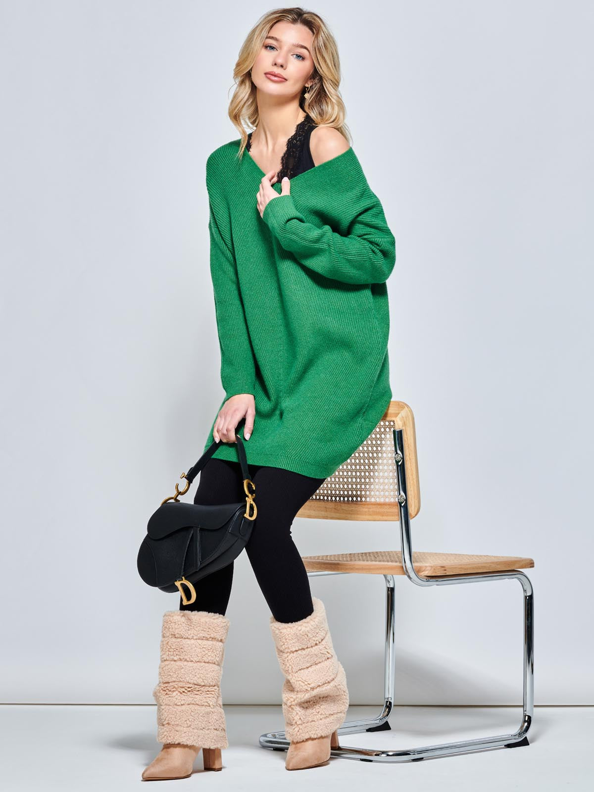 V-Neck Ribbed Knit Tunic Jumper, Green