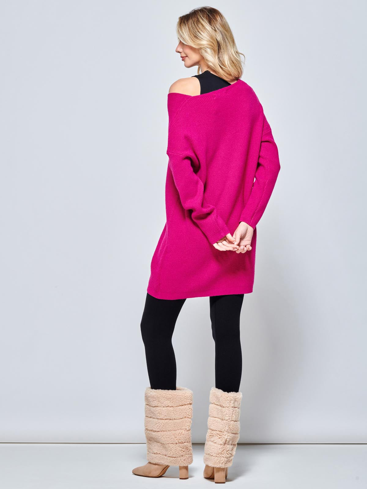 V-Neck Ribbed Knit Tunic Jumper, Raspberry