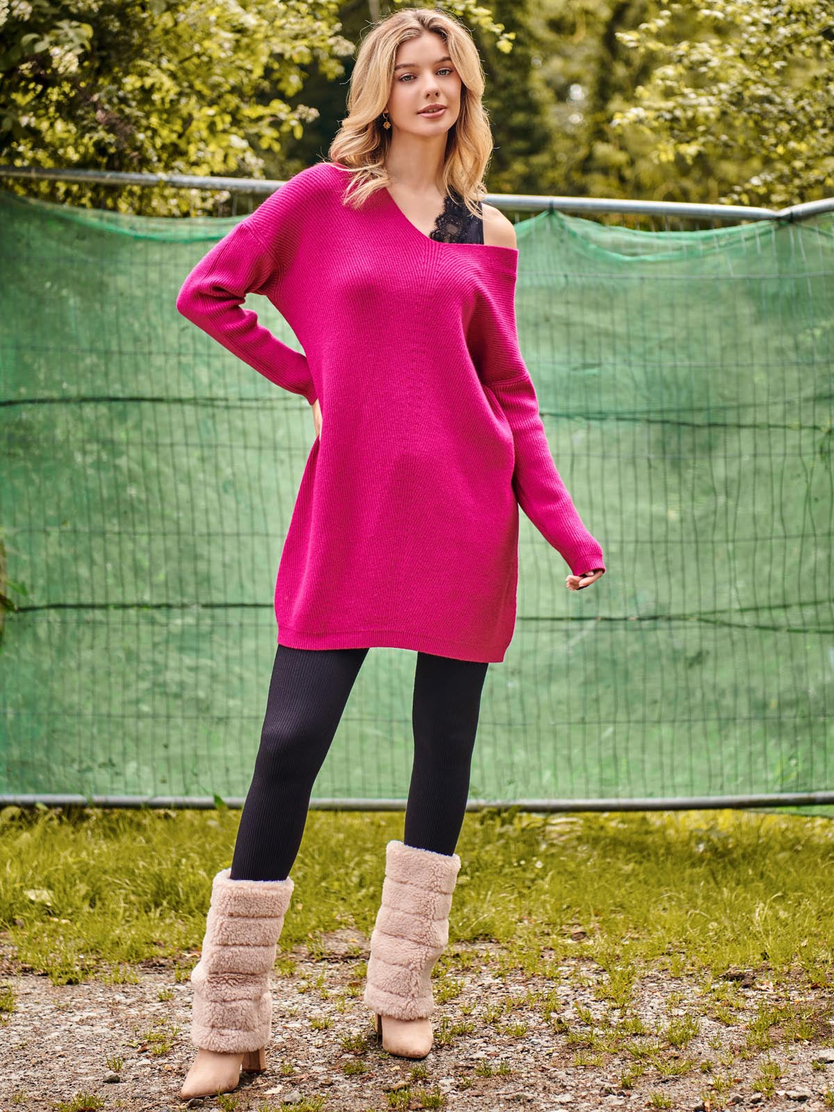 V-Neck Ribbed Knit Tunic Jumper, Raspberry