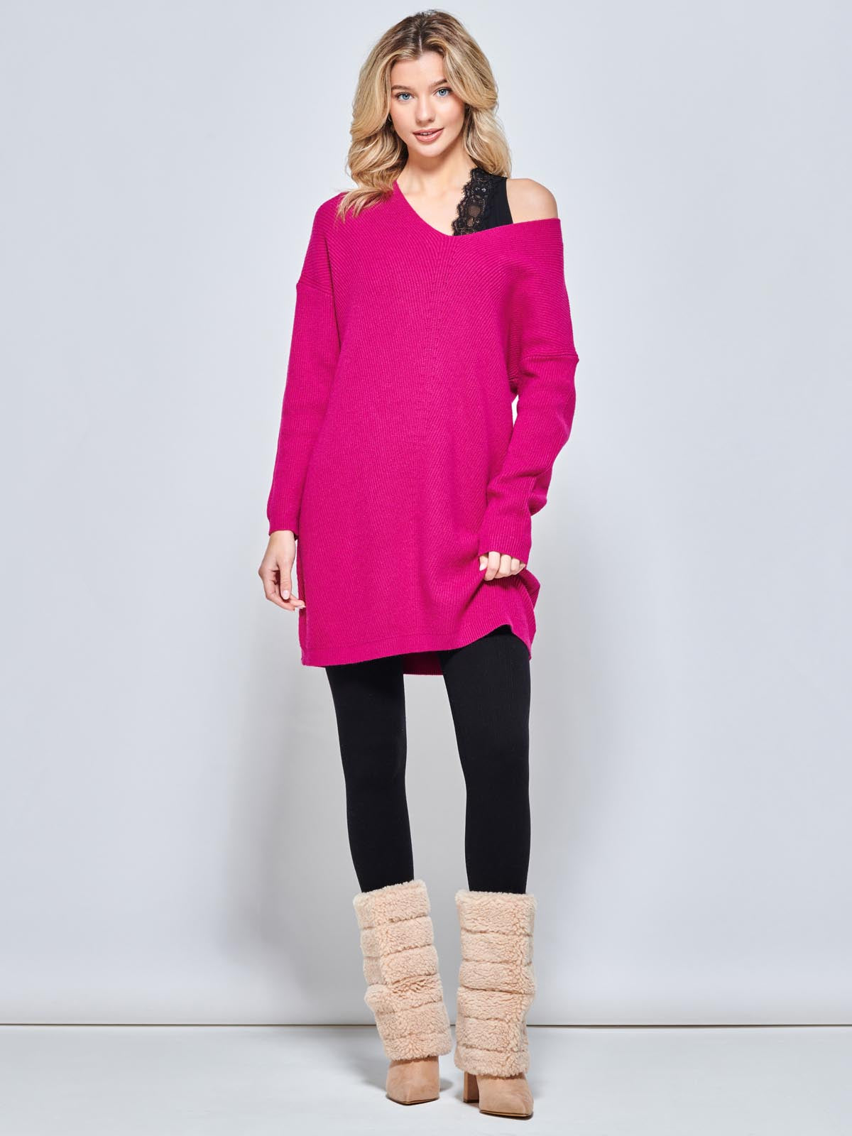 V-Neck Ribbed Knit Tunic Jumper, Raspberry