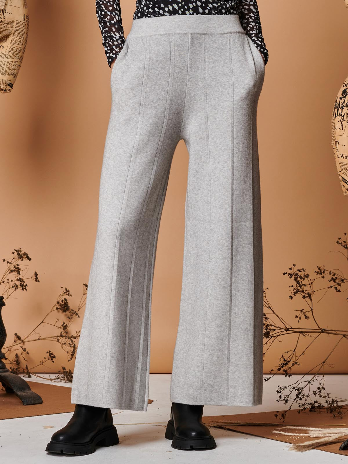 Vertical Line Knit Flared Pants, Dove Heather