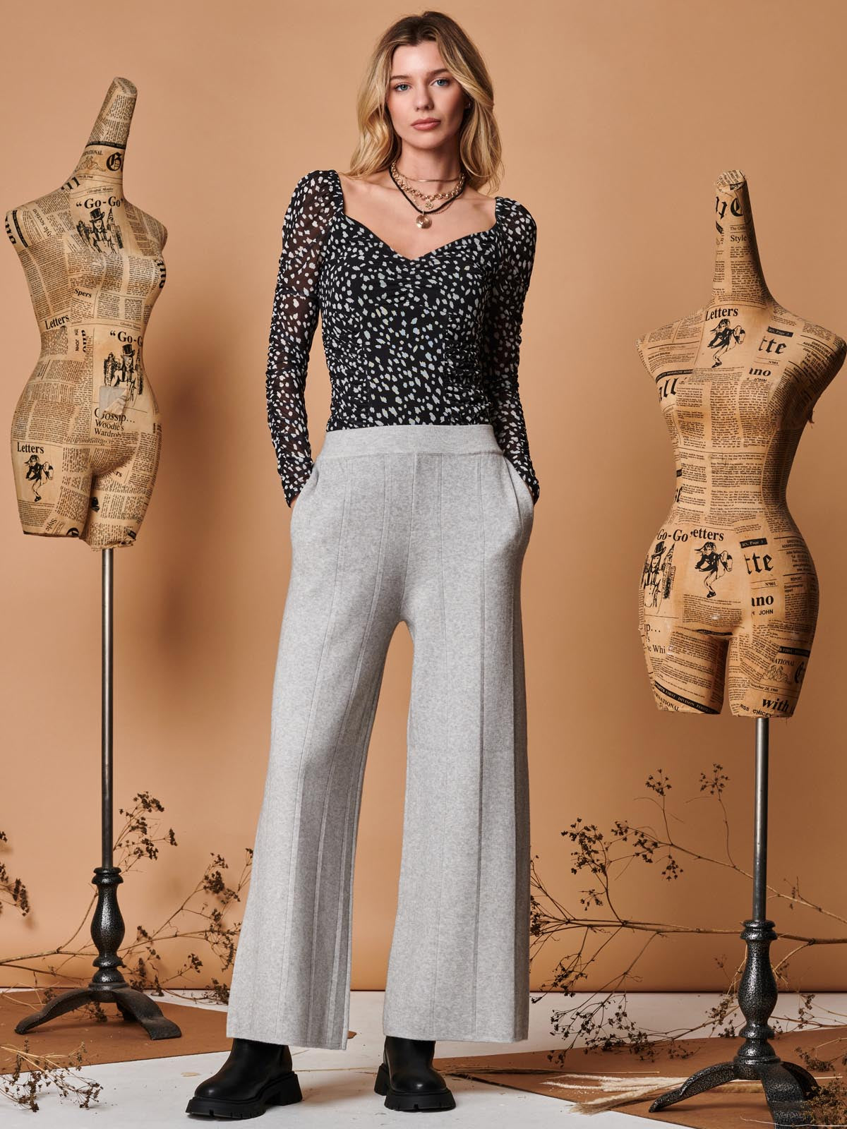 Vertical Line Knit Flared Pants, Dove Heather