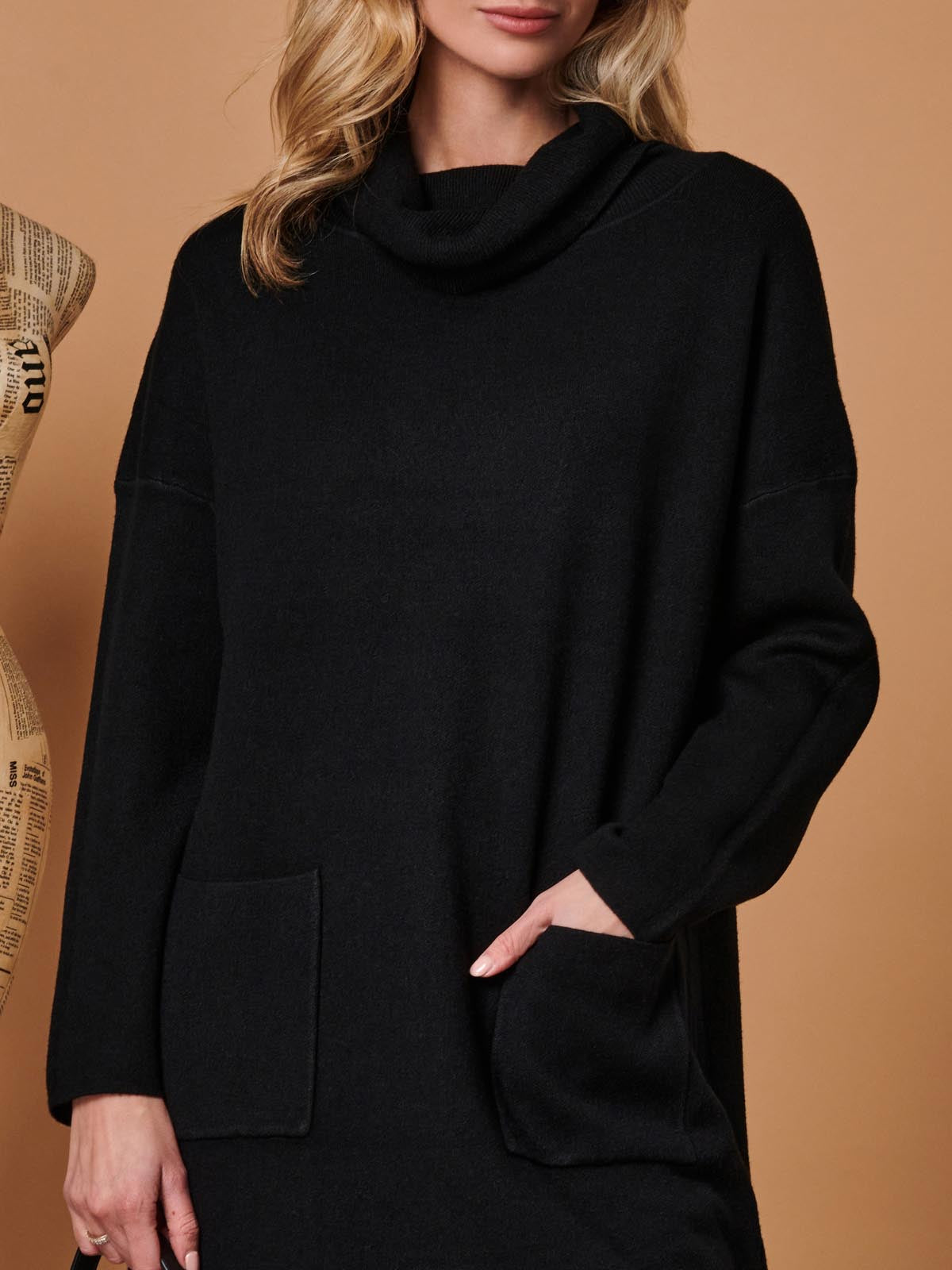 Knitted Turtleneck Longline Jumper, Black