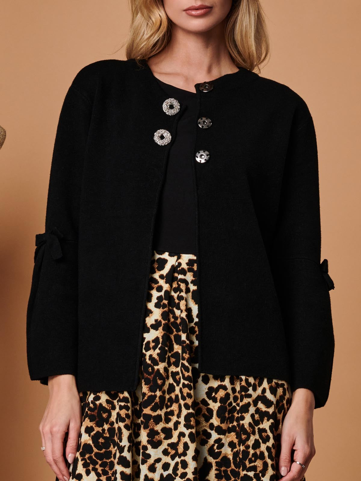 Button Bow Sleeve Knit Cardigan, Black