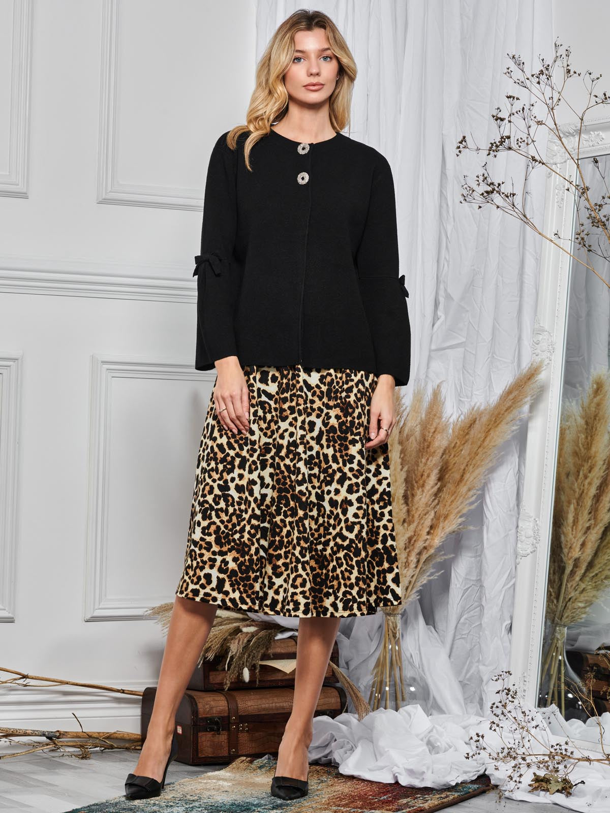 Button Bow Sleeve Knit Cardigan, Black