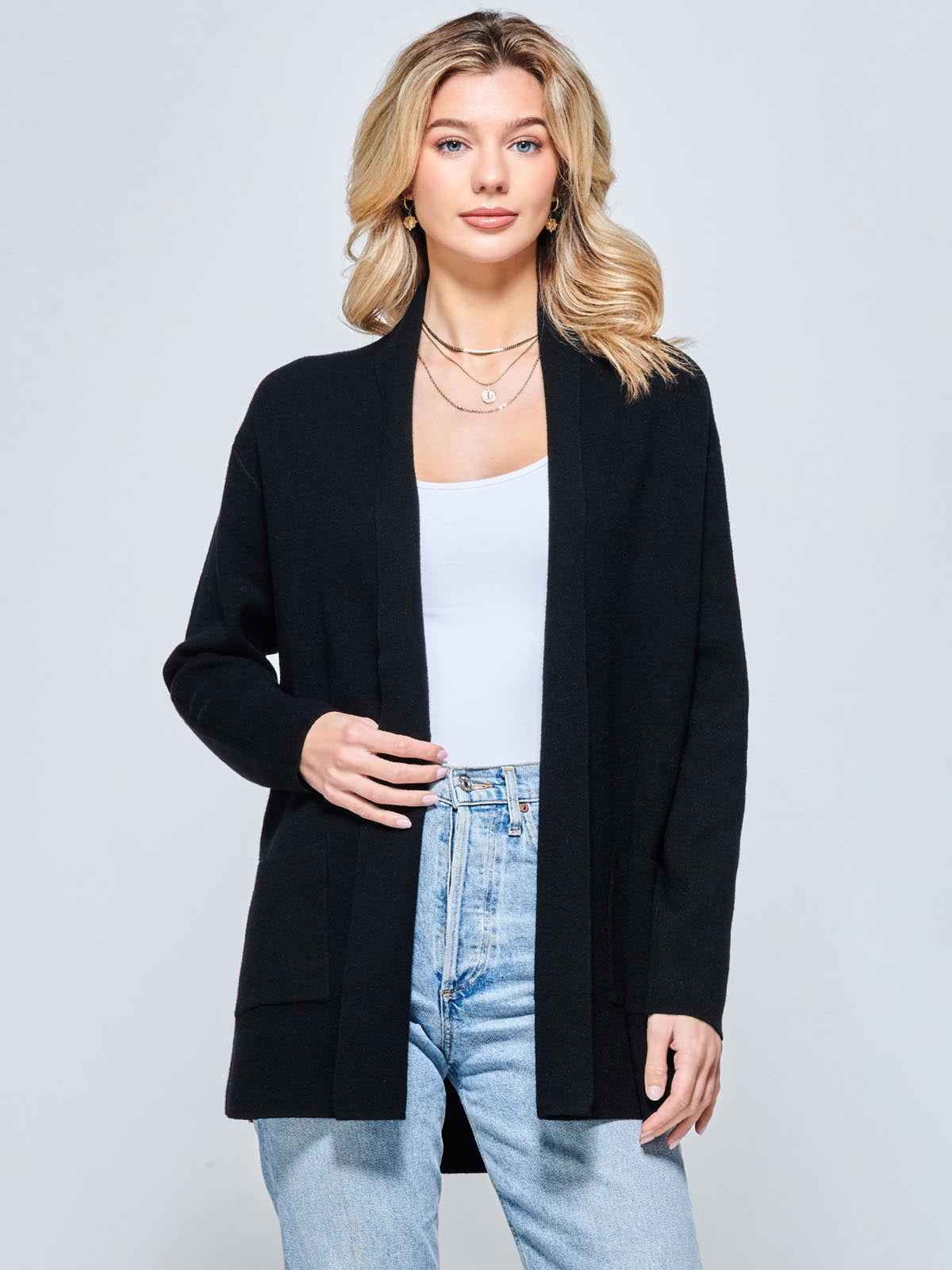 Folded Collar Fine Knit Cardigan, Black