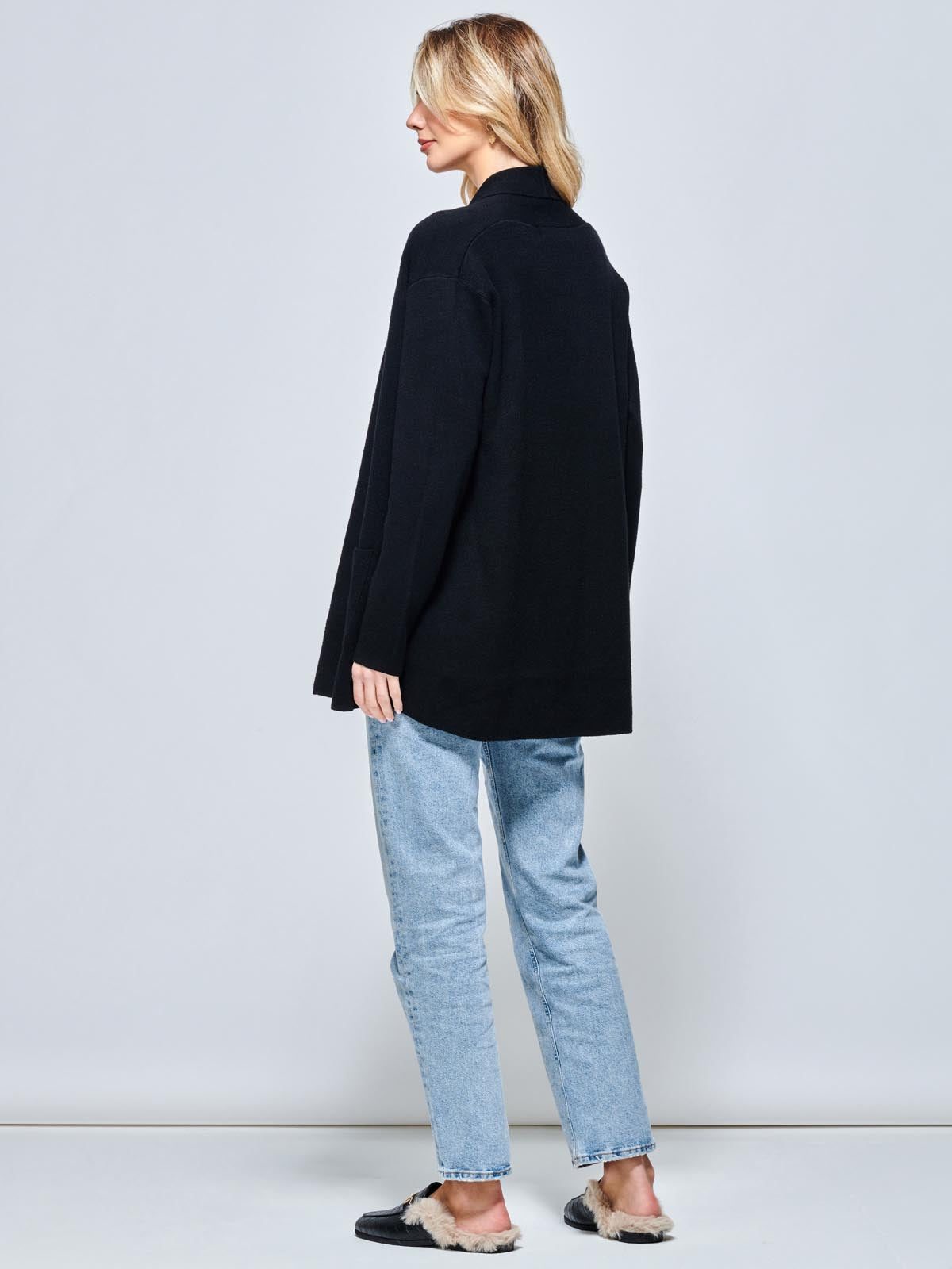 Folded Collar Fine Knit Cardigan, Black