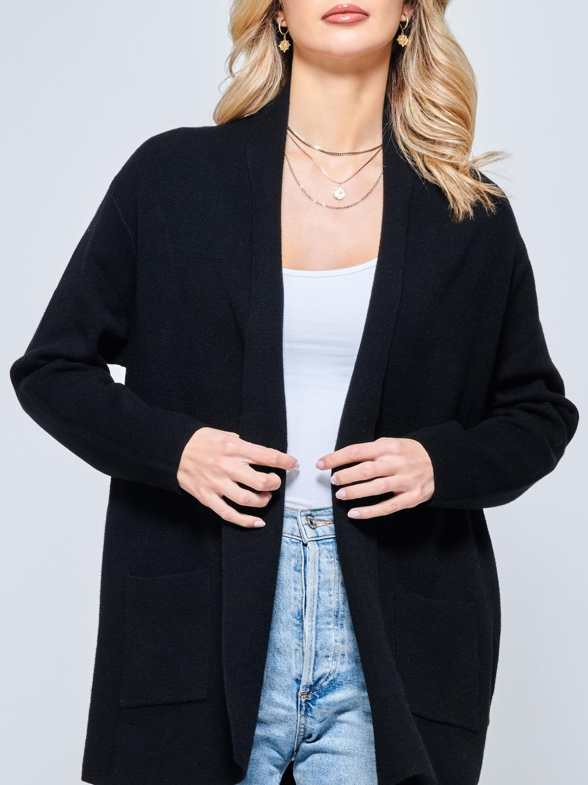 Folded Collar Fine Knit Cardigan, Black