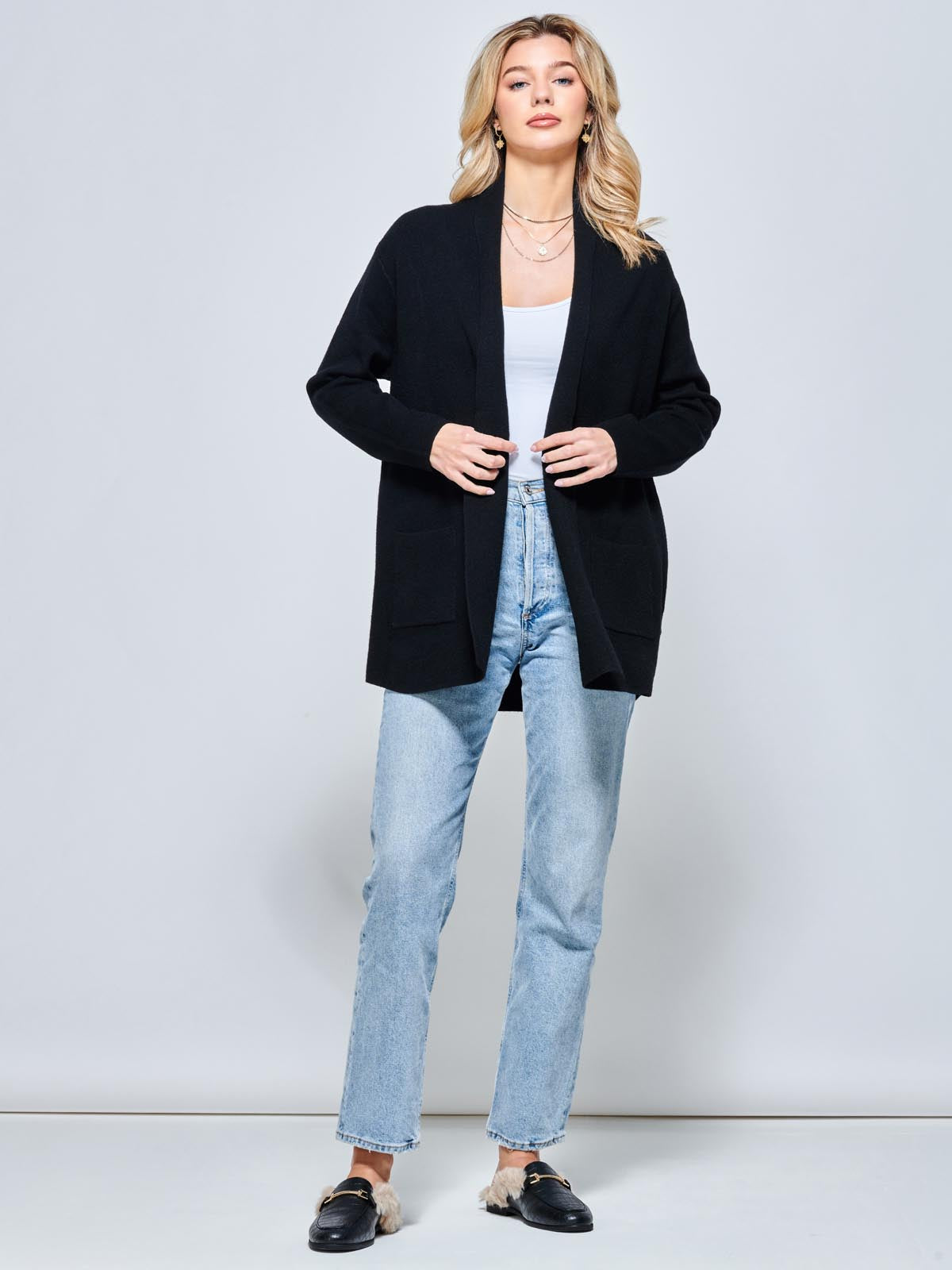 Folded Collar Fine Knit Cardigan, Black