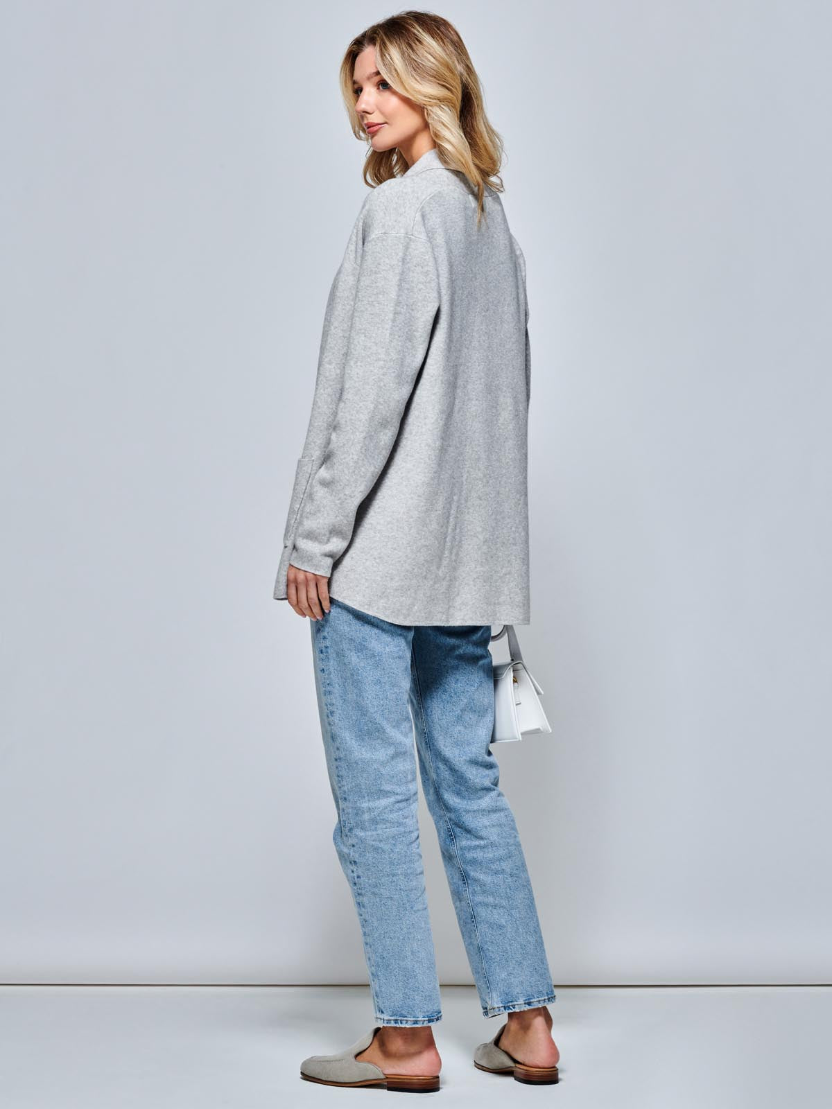 Folded Collar Fine Kint Cardigan, Dove Heather