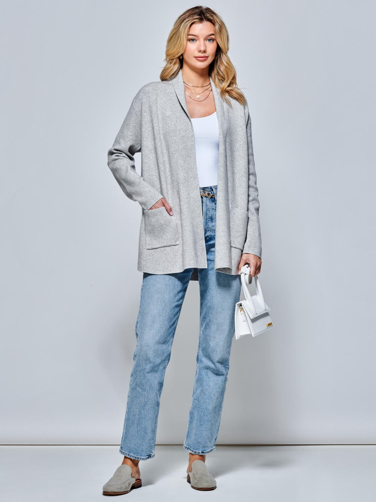 Folded Collar Fine Kint Cardigan, Dove Heather