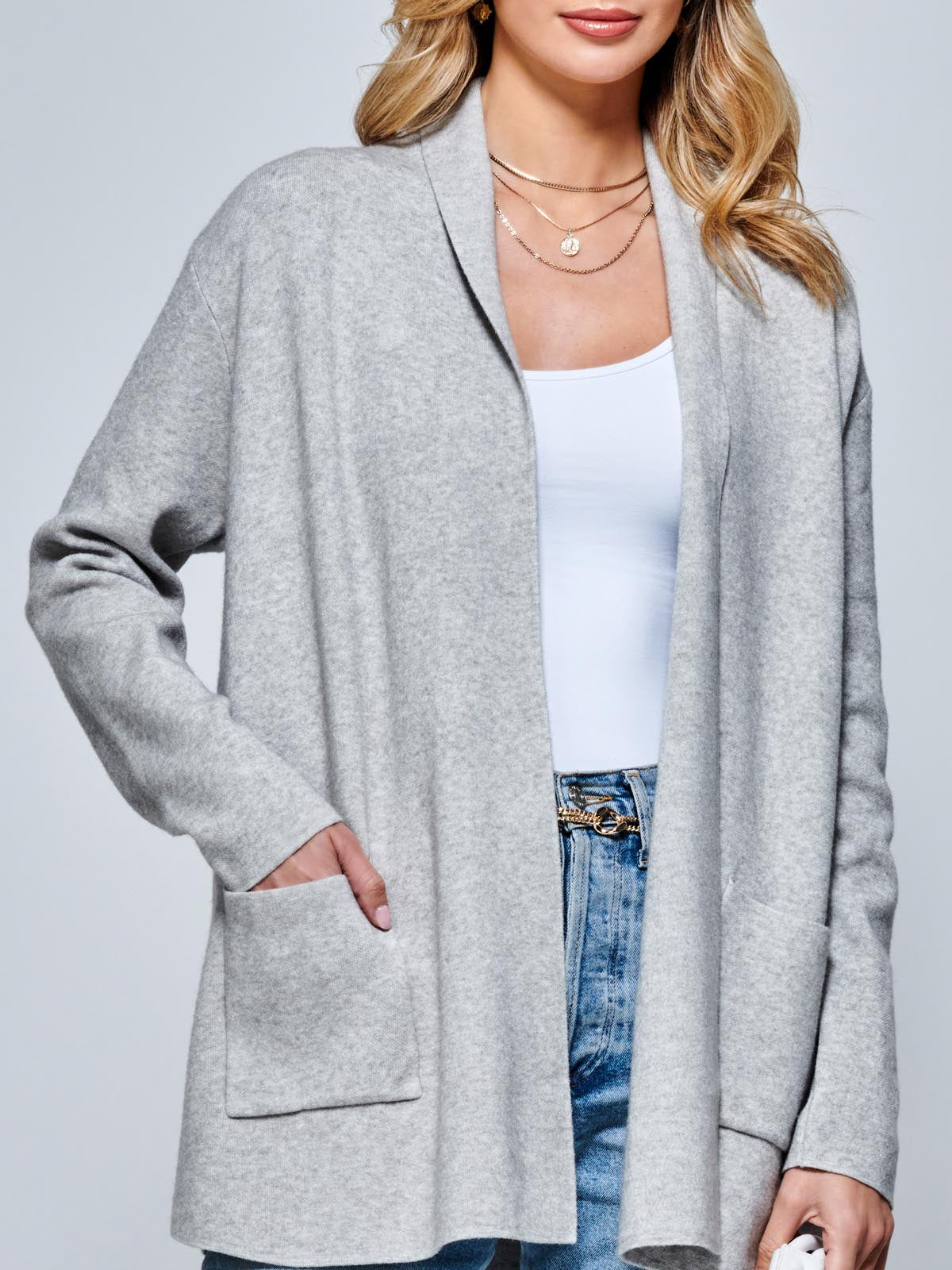 Folded Collar Fine Kint Cardigan, Dove Heather