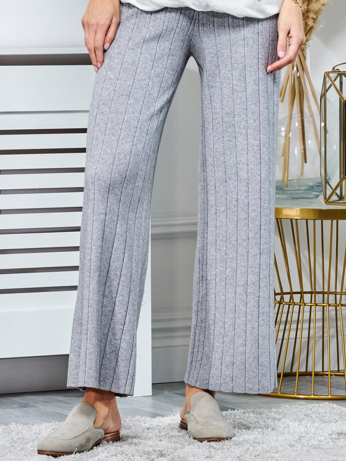 Ribbed Knit Wide Leg Trousers, Dove Heather