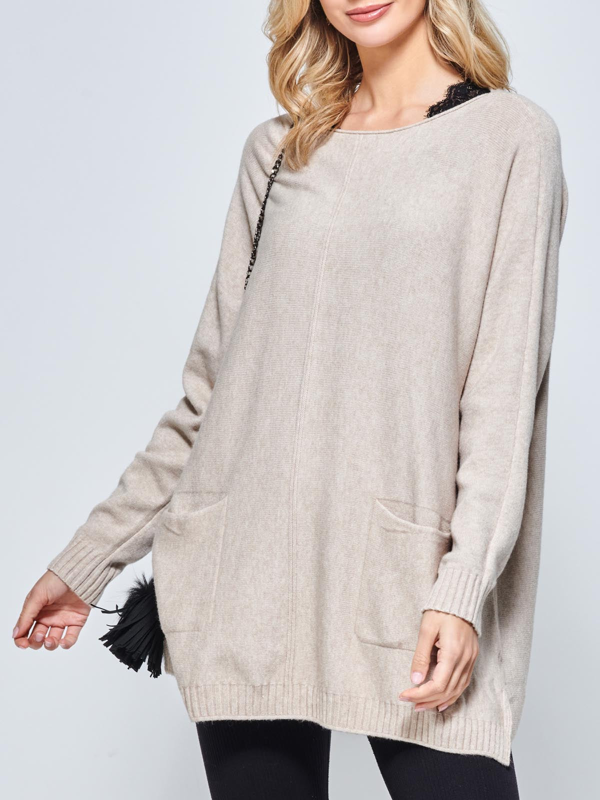 Front Pocket Loose Fit Knit Jumper, Sand Heather