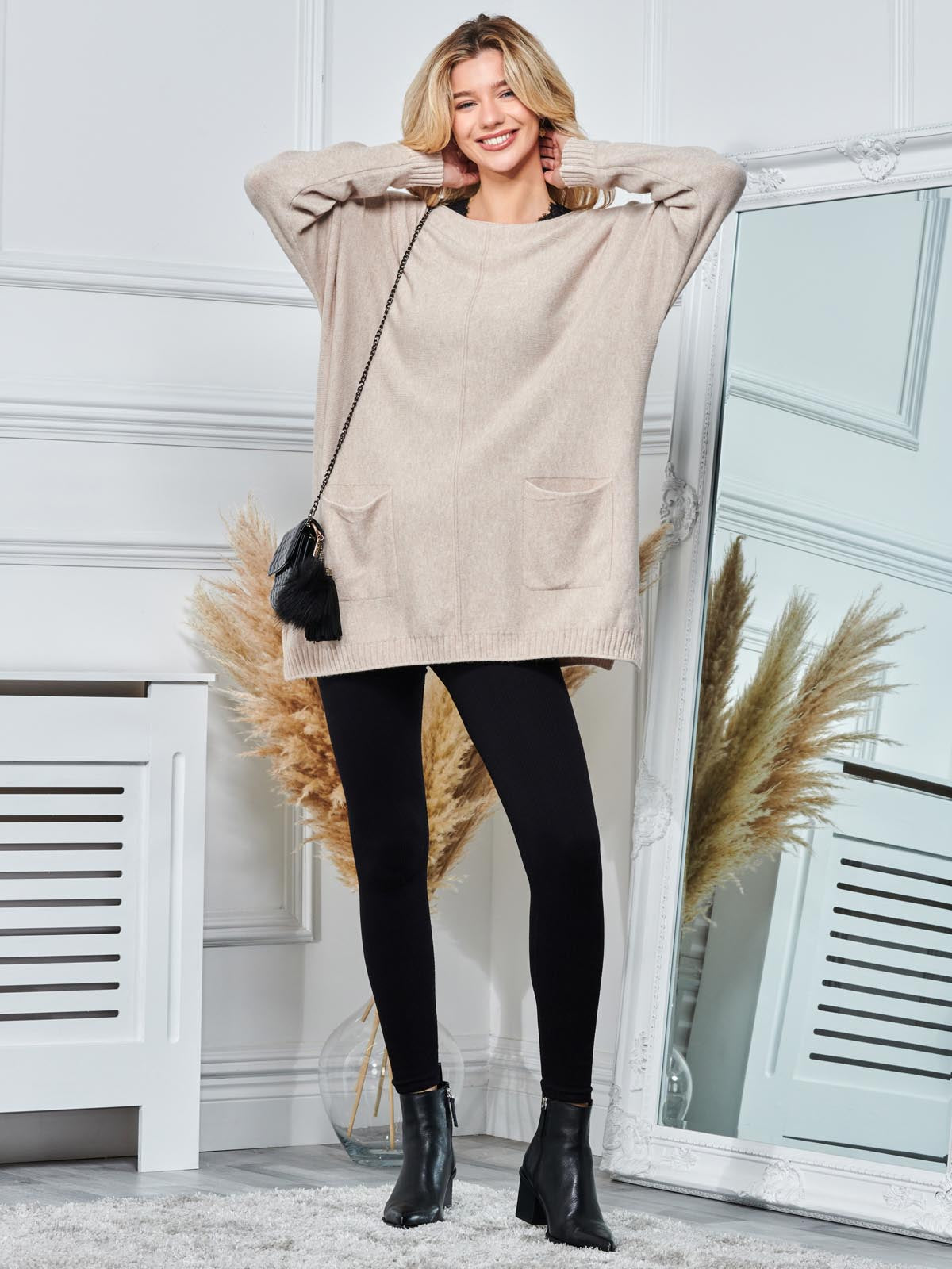 Front Pocket Loose Fit Knit Jumper, Sand Heather