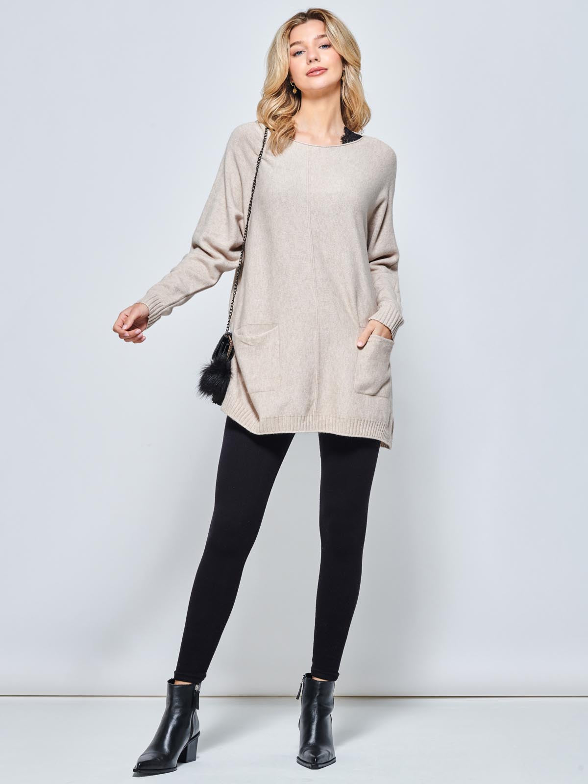 Front Pocket Loose Fit Knit Jumper, Sand Heather