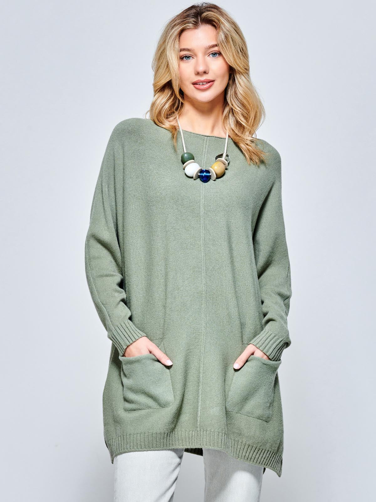 Front Pocket Loose Fit Knit Jumper, Soldier Green