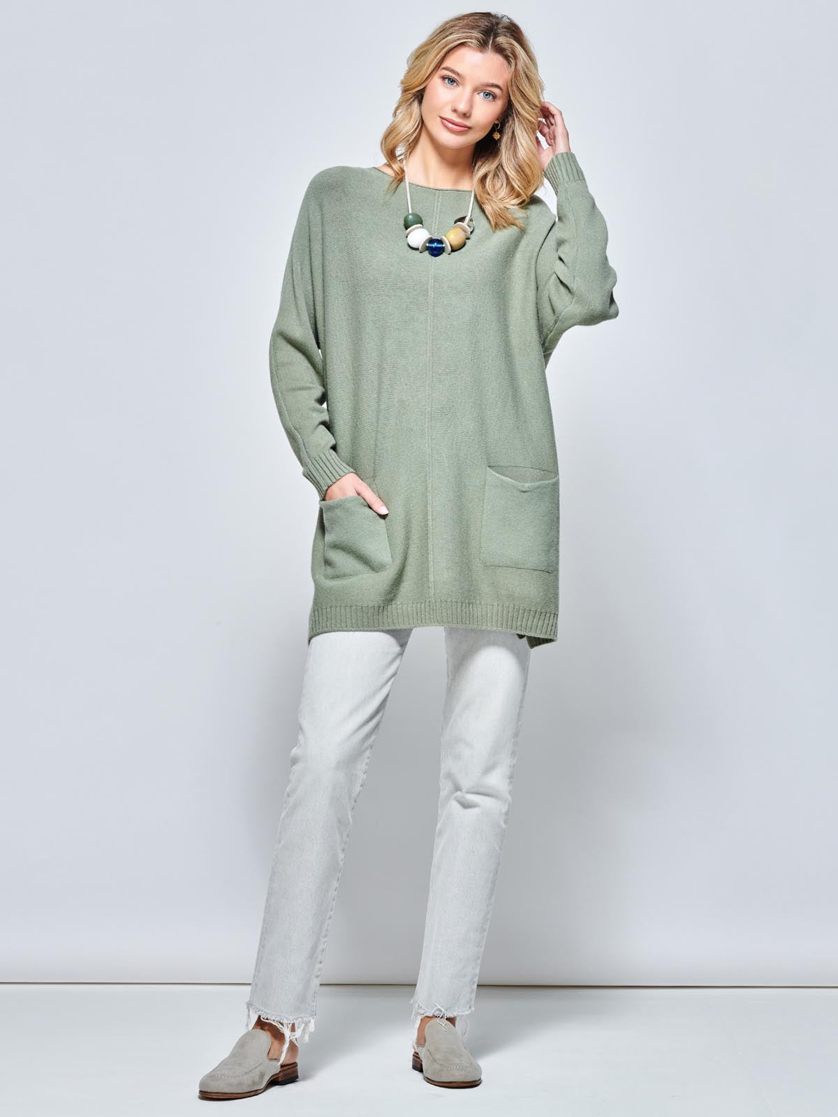 Front Pocket Loose Fit Knit Jumper, Soldier Green