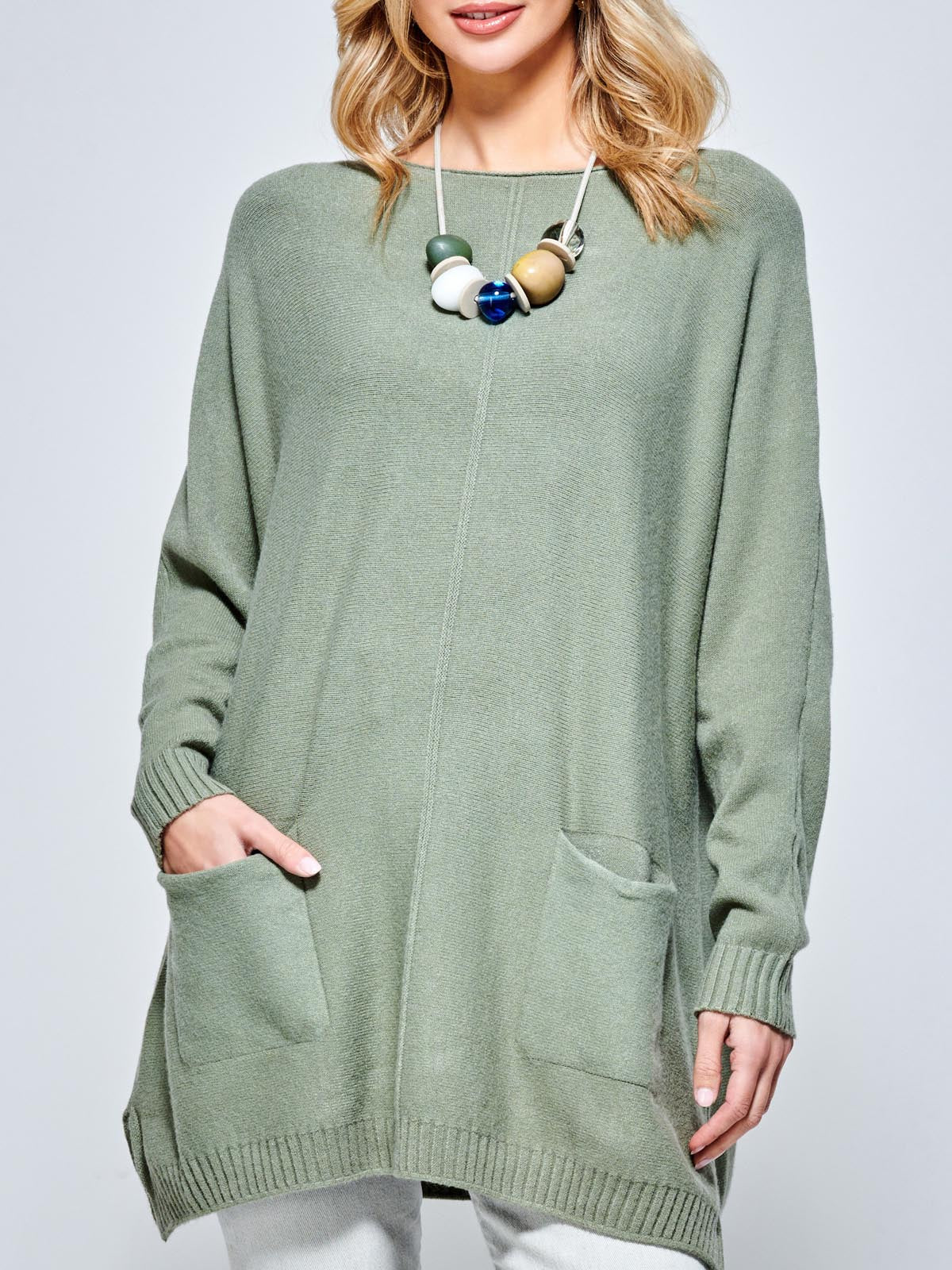 Front Pocket Loose Fit Knit Jumper, Soldier Green