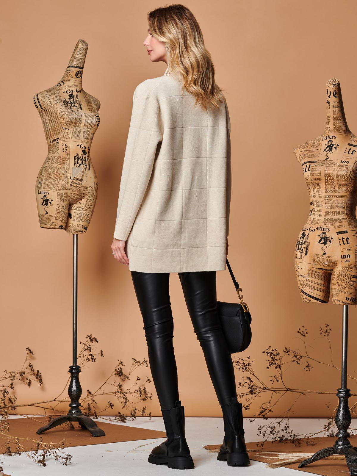 Shawl Collar Check Knit Cardigan, Beige Heather