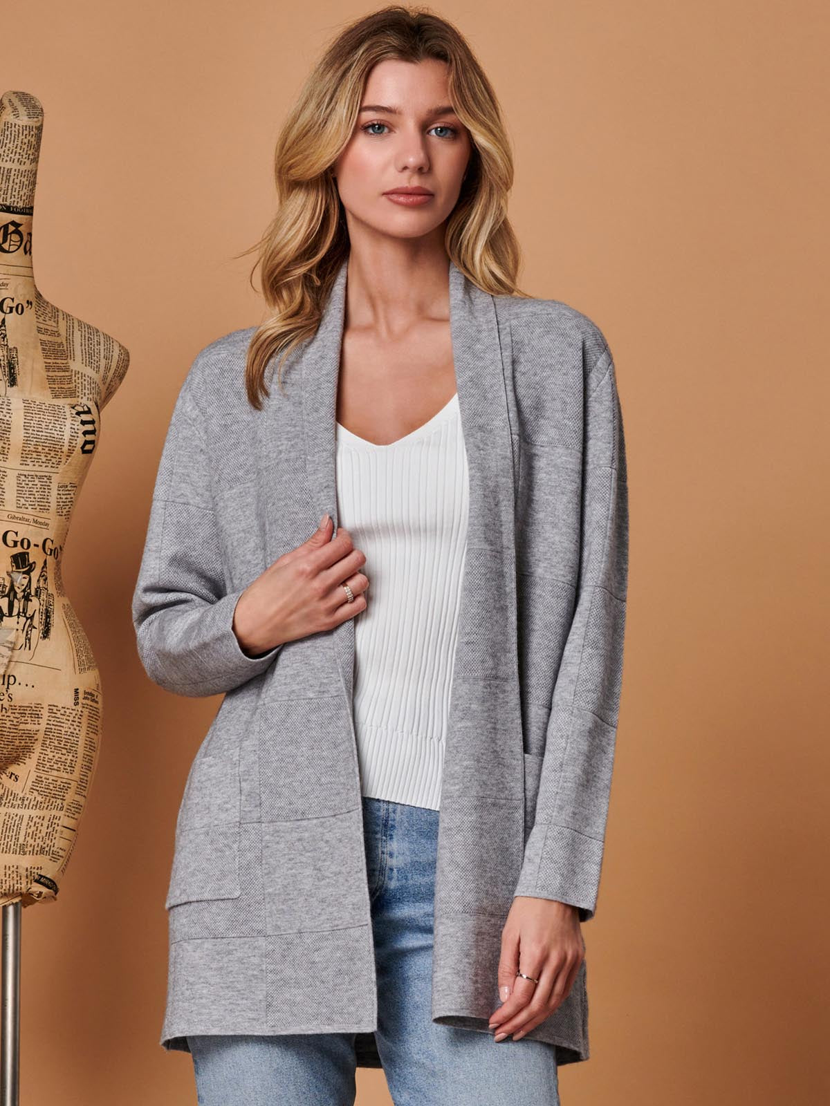 Shawl Collar Check Knit Cardigan, Grey Heather