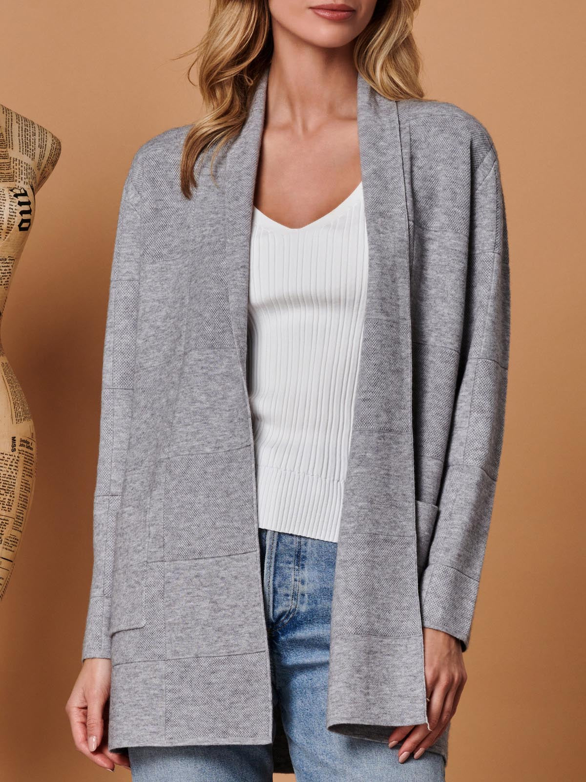 Shawl Collar Check Knit Cardigan, Grey Heather
