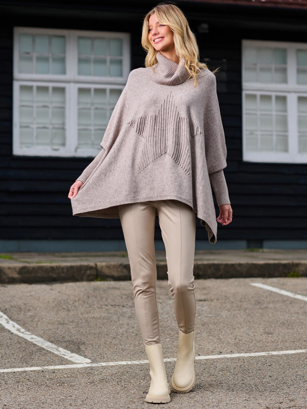 Star Front Roll Neck Knit Jumper, Taupe