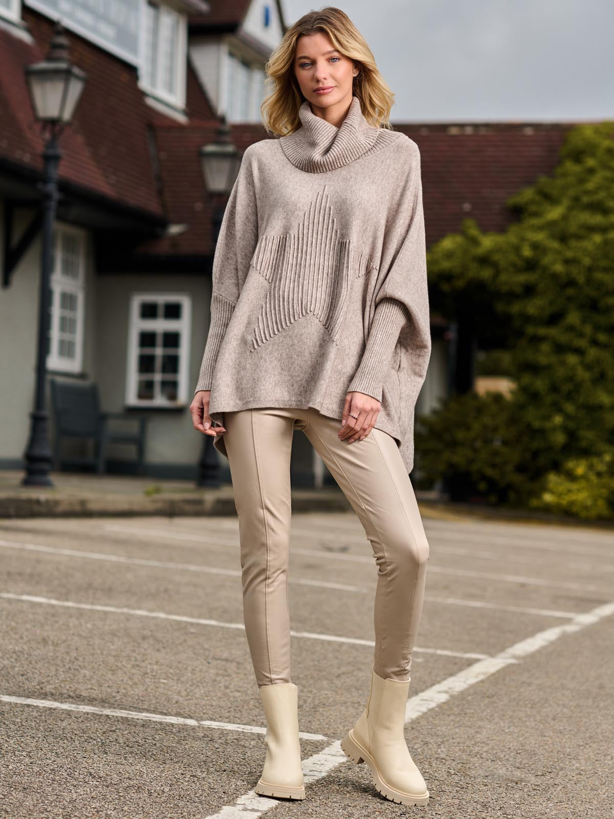 Star Front Roll Neck Knit Jumper, Taupe