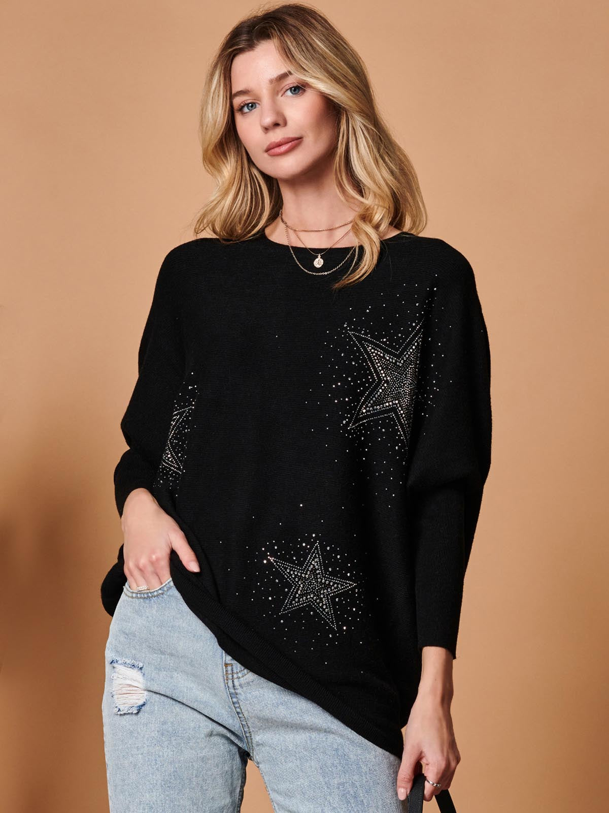 Rhinestone Sparkle Star Knit Jumper, Black