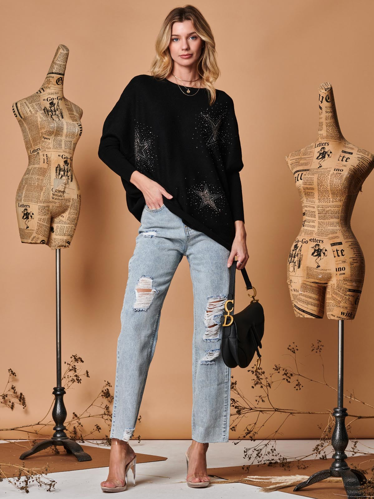 Rhinestone Sparkle Star Knit Jumper, Black