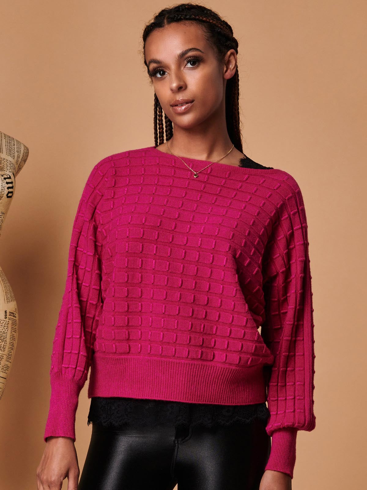 Bubble Stitch Batwing Knit Jumper, Raspberry