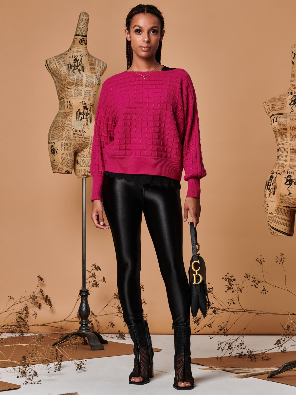 Bubble Stitch Batwing Knit Jumper, Raspberry
