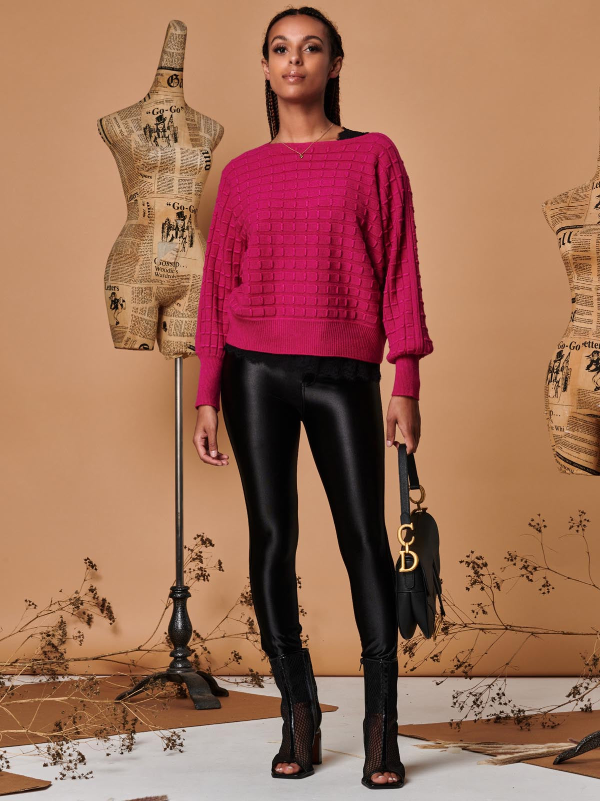Bubble Stitch Batwing Knit Jumper, Raspberry