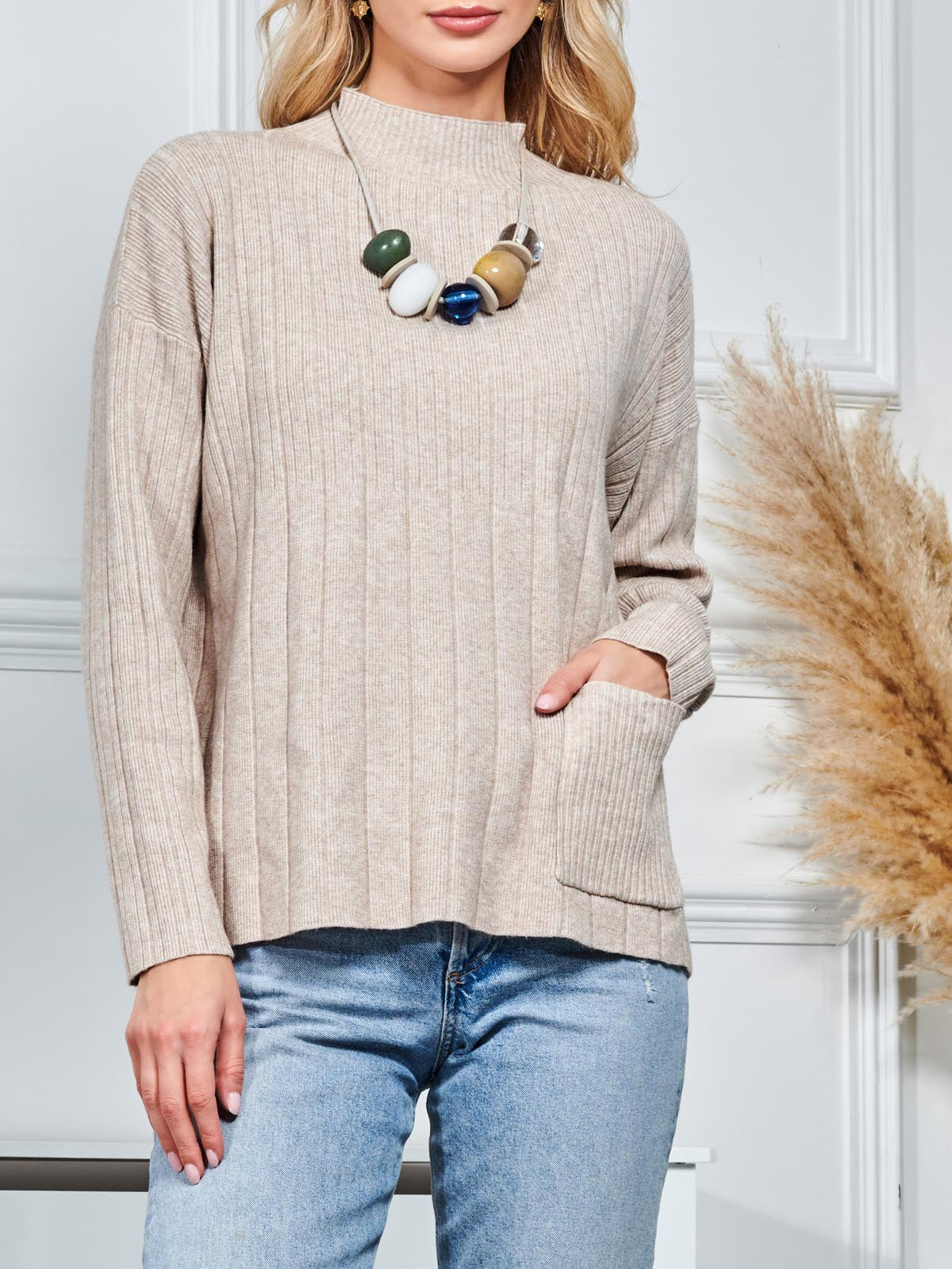 Mockneck Pocket Knit Jumper, Mink Heather