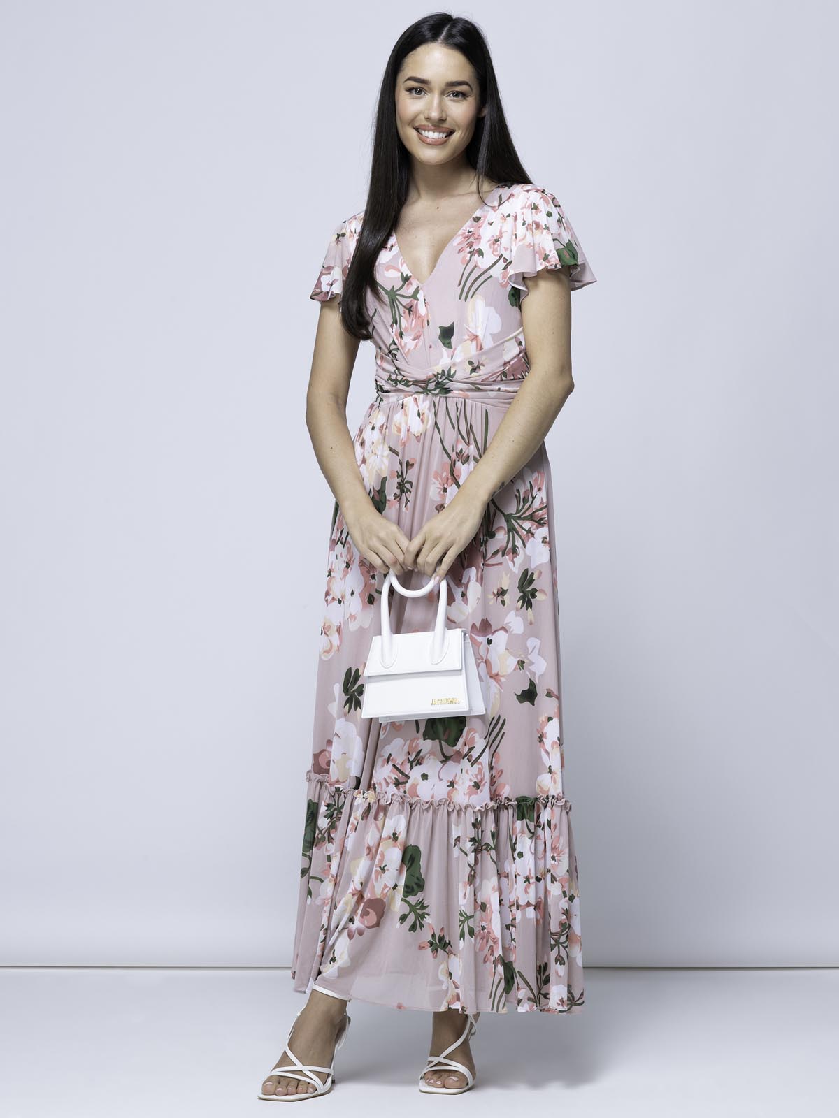 Kailee Mesh Floral Print Maxi Dress, Dusty Pink