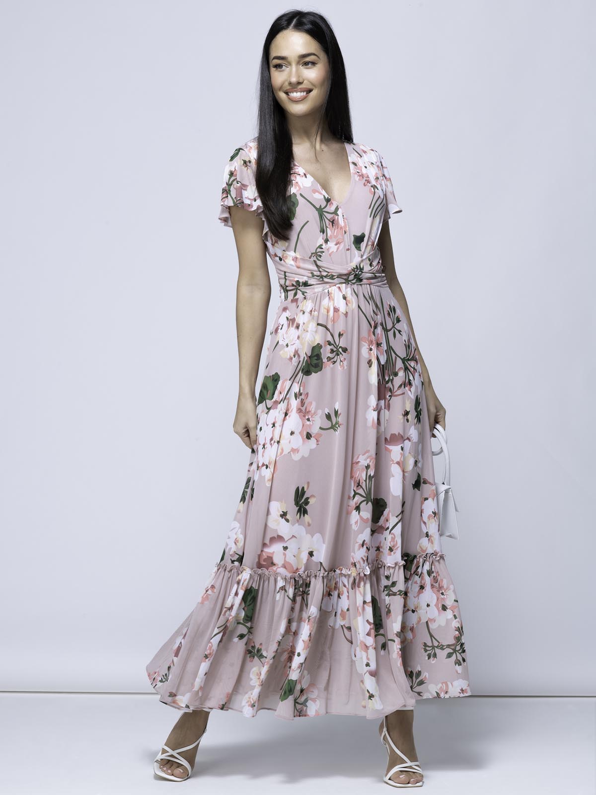 Kailee Mesh Floral Print Maxi Dress, Dusty Pink